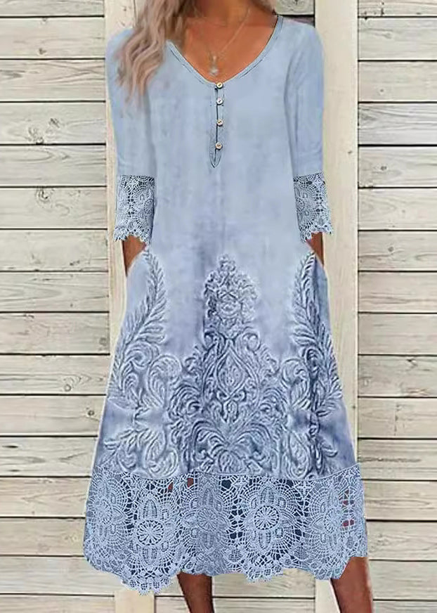 Loose Blue Print Pockets Lace Patchwork Long Dress Half Sleeve - Omychic