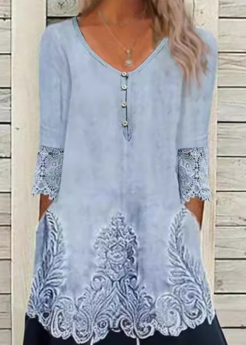 Loose Blue Print Pockets Lace Patchwork Long Dress Half Sleeve - Omychic