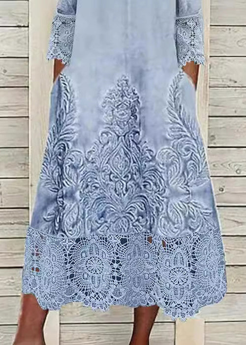 Loose Blue Print Pockets Lace Patchwork Long Dress Half Sleeve - Omychic
