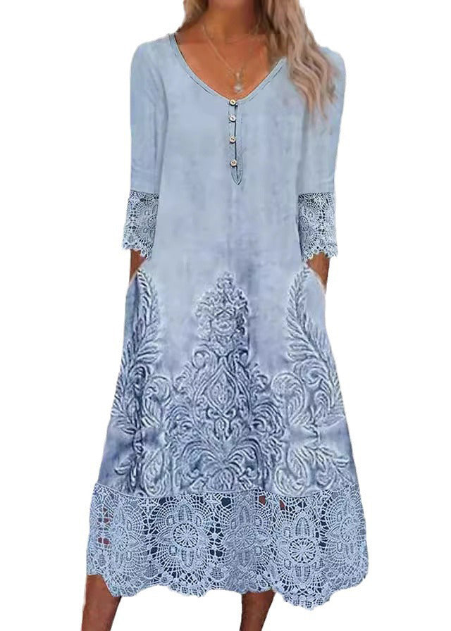 Loose Blue Print Pockets Lace Patchwork Long Dress Half Sleeve - Omychic