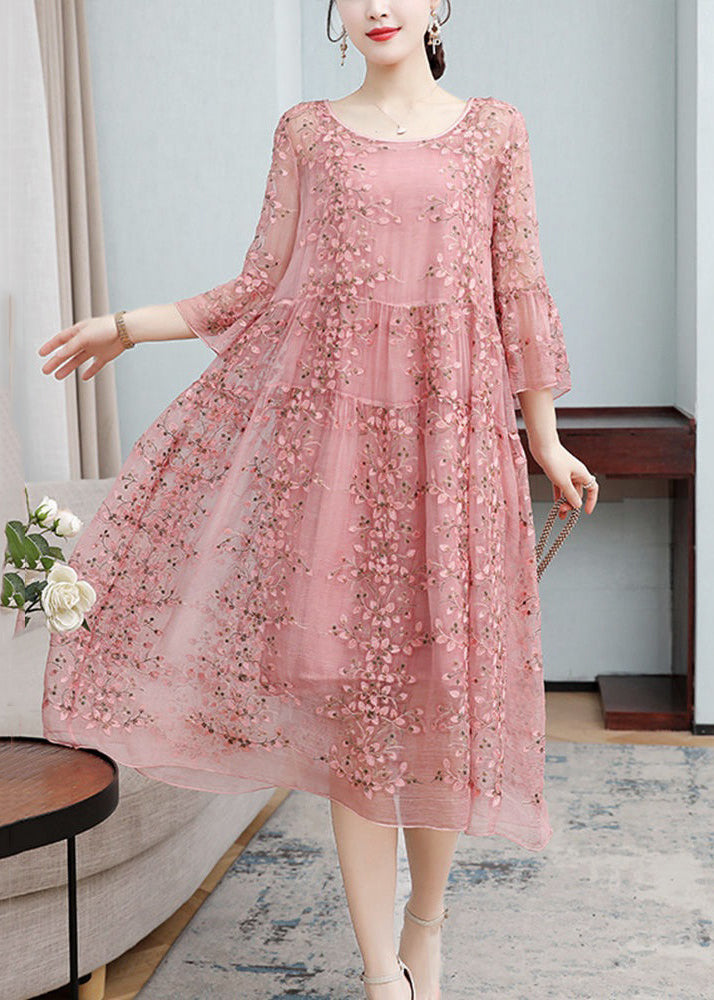 Loose Pink Embroidered Ruffled Lace Silk Dresses Flare Sleeve