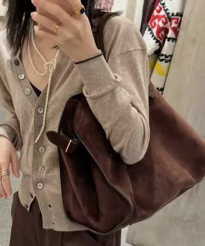 Luxury Suede Oversized Tote Bag Brown Large Capacity Handbag - Omychic