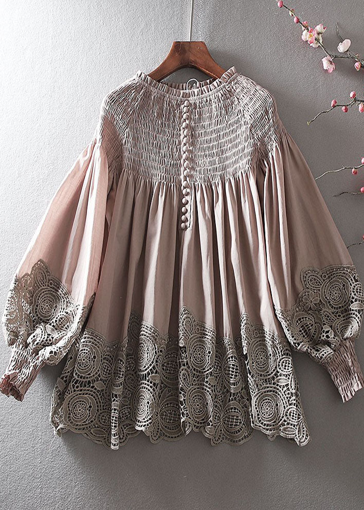Modern Brown Patchwork Wrinkled Cotton Tops Spring - Omychic