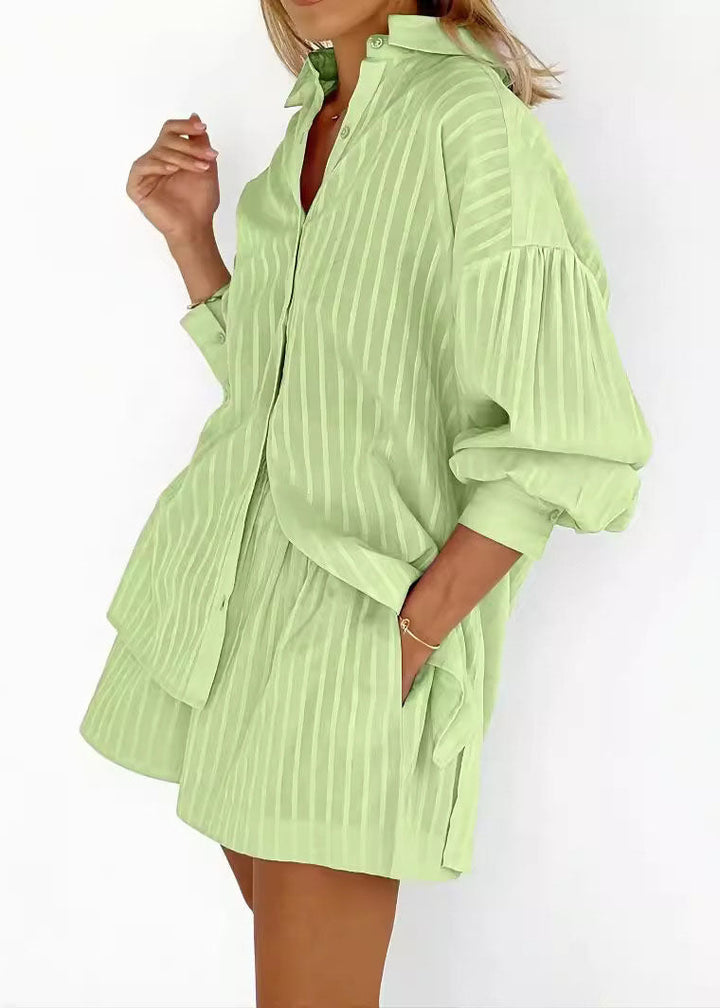 Modern White Striped Shirts And Shorts Cotton Two Pieces Set Spring