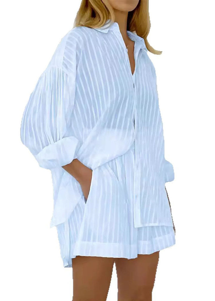 Modern White Striped Shirts And Shorts Cotton Two Pieces Set Spring