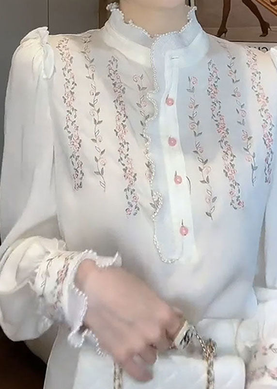 Natural White Ruffled Patchwork Print Chiffon Shirts Top Spring - Omychic