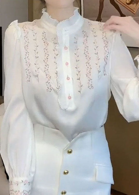 Natural White Ruffled Patchwork Print Chiffon Shirts Top Spring - Omychic