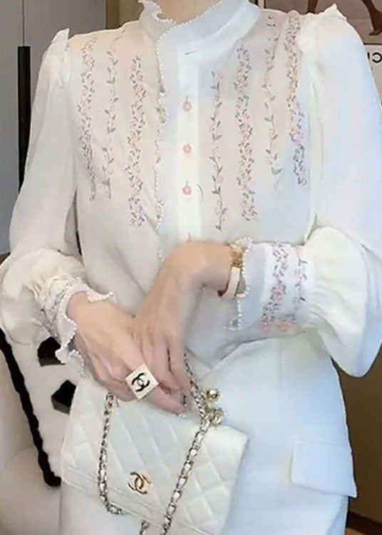 Natural White Ruffled Patchwork Print Chiffon Shirts Top Spring - Omychic