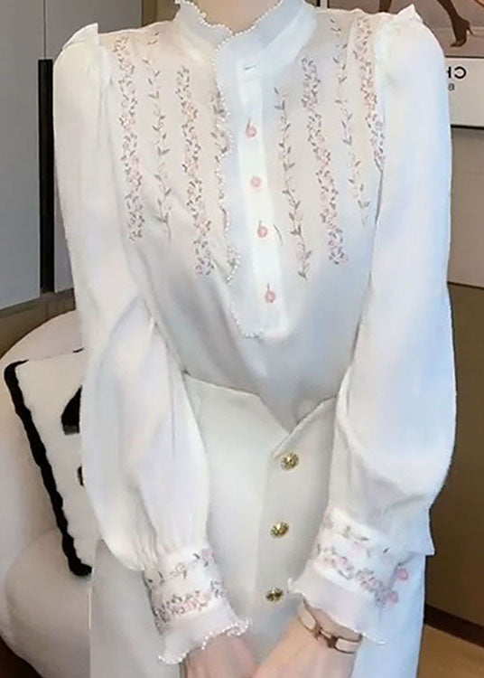 Natural White Ruffled Patchwork Print Chiffon Shirts Top Spring - Omychic