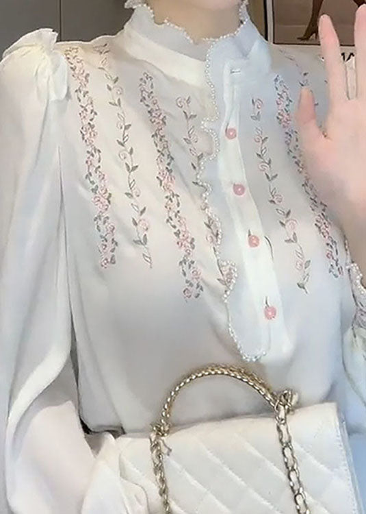 Natural White Ruffled Patchwork Print Chiffon Shirts Top Spring - Omychic