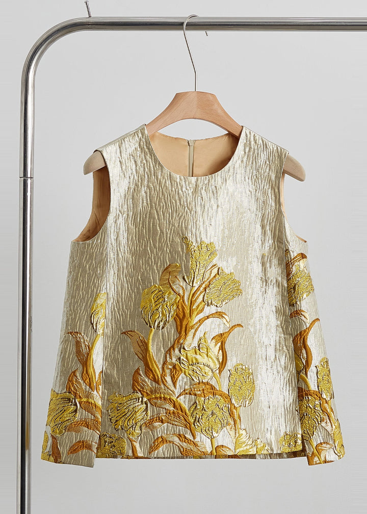 New Retro Golden Jacquard Silk Two Pieces Set Sleeveless - Omychic