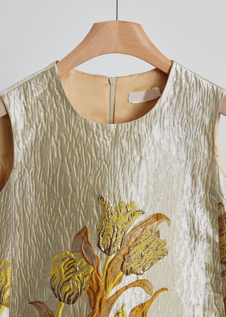 New Retro Golden Jacquard Silk Two Pieces Set Sleeveless - Omychic