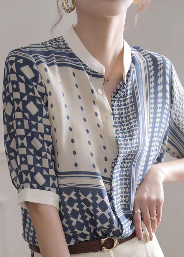 Novelty White Stand Collar Striped Print Button Chiffon Shirt Summer