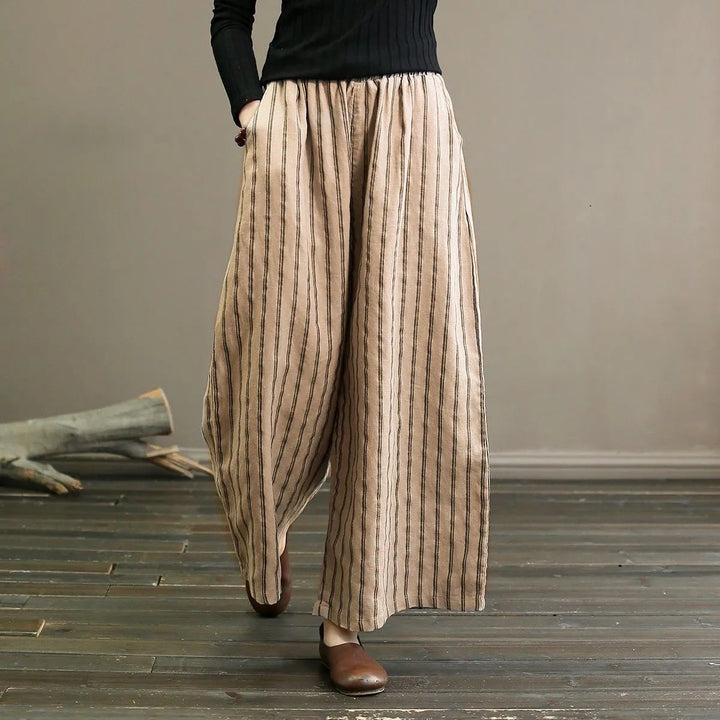 Black Striped Linen Wide Leg Pants Elastic Waist Oversized Summer