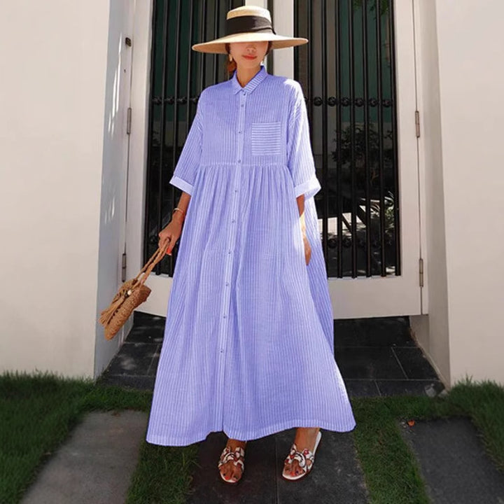 Bohemian Pink Peter Pan Collar Striped Button Pockets Wrinkled Long Dresses Half Sleeve