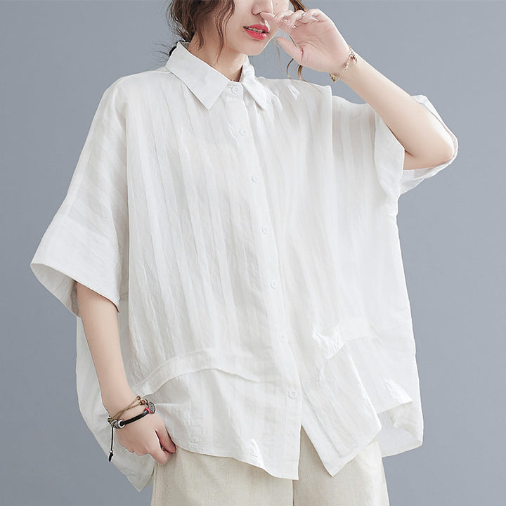 Casual Black PeterPan Collar Button Bat wing Sleeve Fall Shirt Top