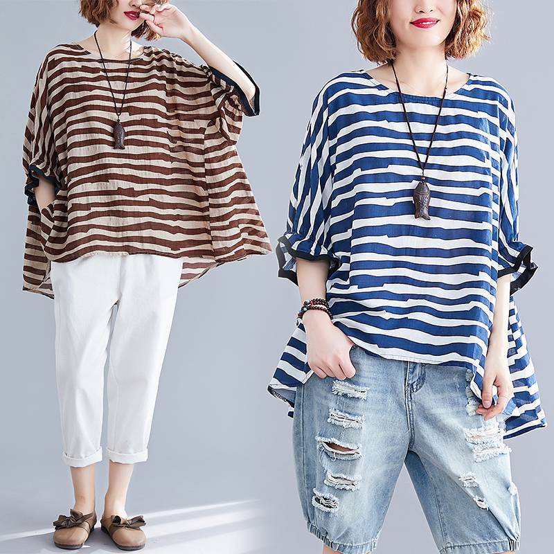 Boutique Chocolate Striped Asymmetrical Patchwork Cotton Top Short Sleeve