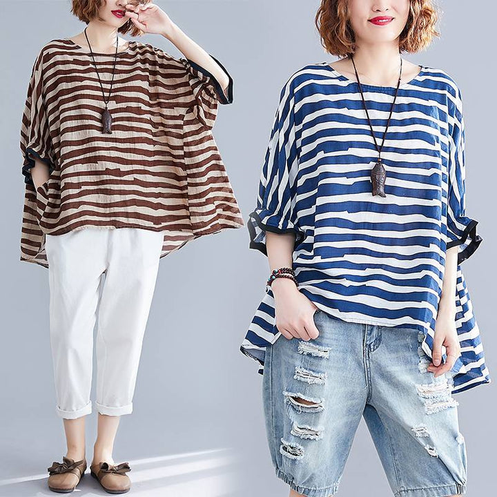 Boutique Chocolate Striped Asymmetrical Patchwork Cotton Top Short Sleeve
