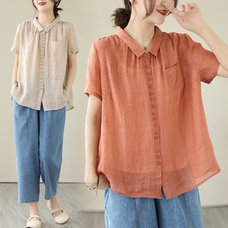 Plus Size Orange Peter Pan Collar Pockets Patchwork Ramie Cardigan
