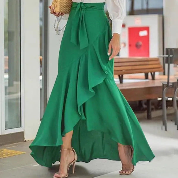 Solid Color High Waist Ruffle High Low Hem Swing Maxi Skirts For Women