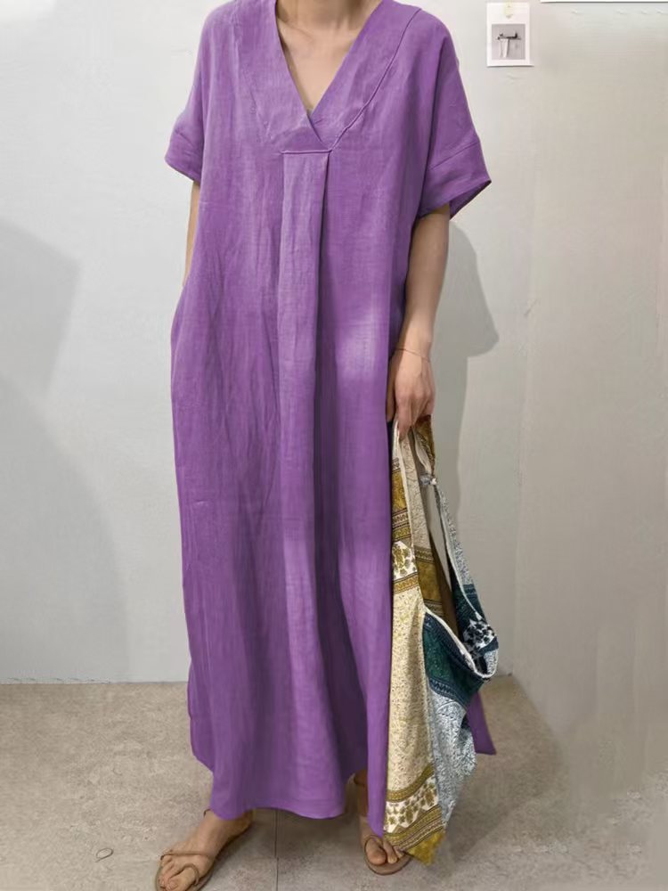 Plus Size Grey Peter Pan Collar Pockets Linen Long Dresses Short Sleeve