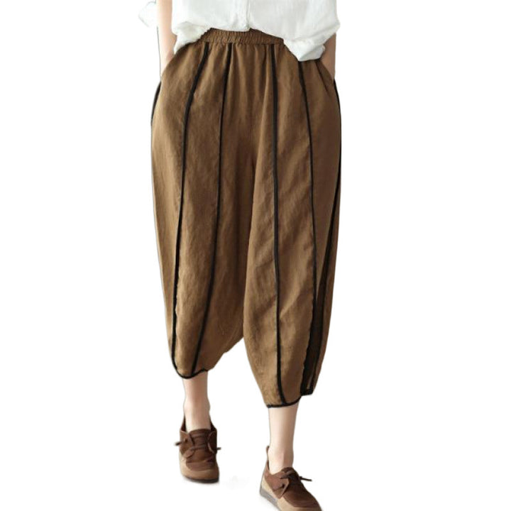 White Patchwork Linen Harem Pants Pockets Striped Summer