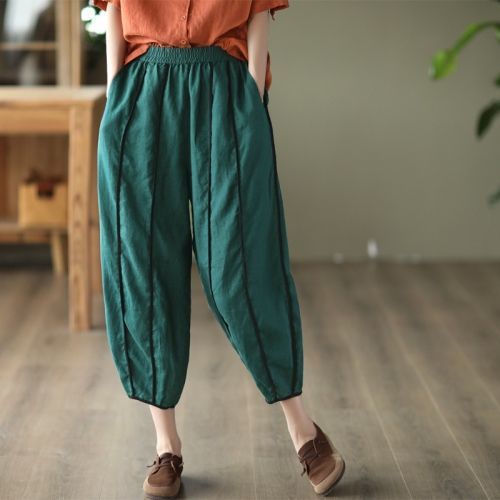 White Patchwork Linen Harem Pants Pockets Striped Summer