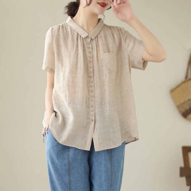 Plus Size Orange Peter Pan Collar Pockets Patchwork Ramie Cardigan
