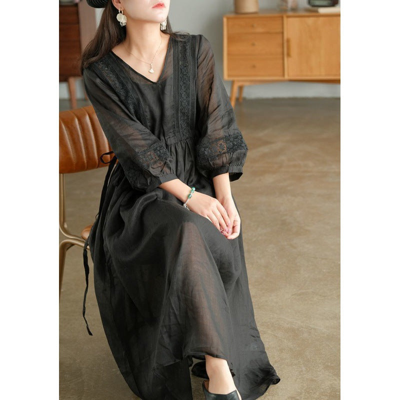 Diy Purple V Neck Cinched Lace Patchwork Exra Large Hem Cotton Dresses Lantern Sleeve