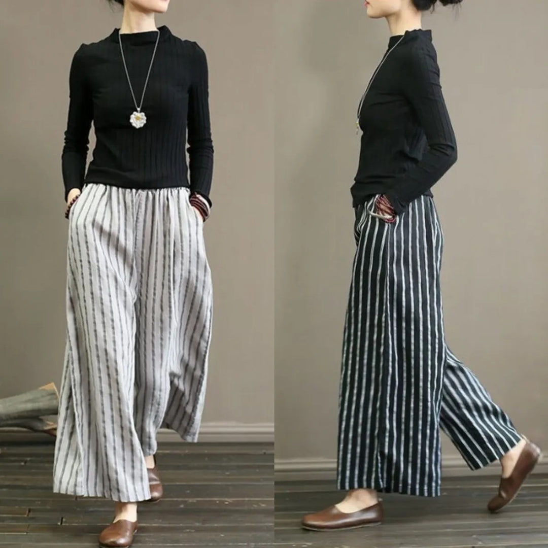 Black Striped Linen Wide Leg Pants Elastic Waist Oversized Summer