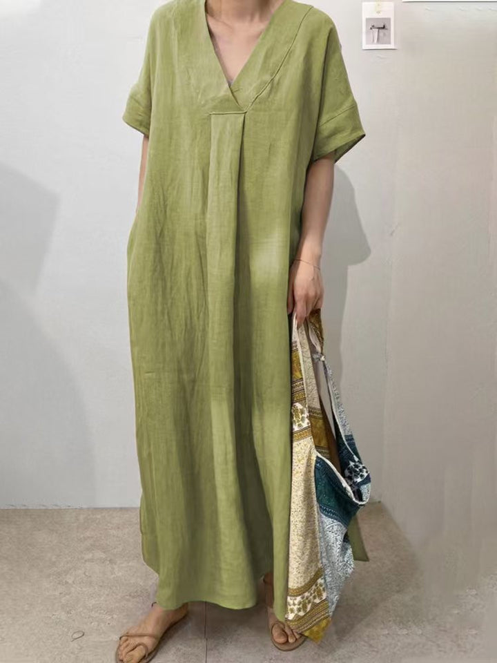 Plus Size Grey Peter Pan Collar Pockets Linen Long Dresses Short Sleeve
