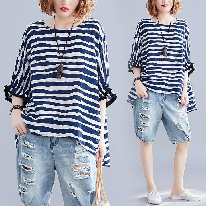 Boutique Chocolate Striped Asymmetrical Patchwork Cotton Top Short Sleeve