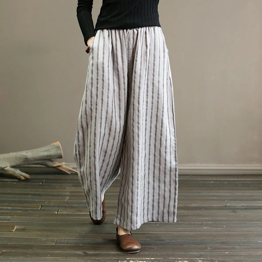 Black Striped Linen Wide Leg Pants Elastic Waist Oversized Summer