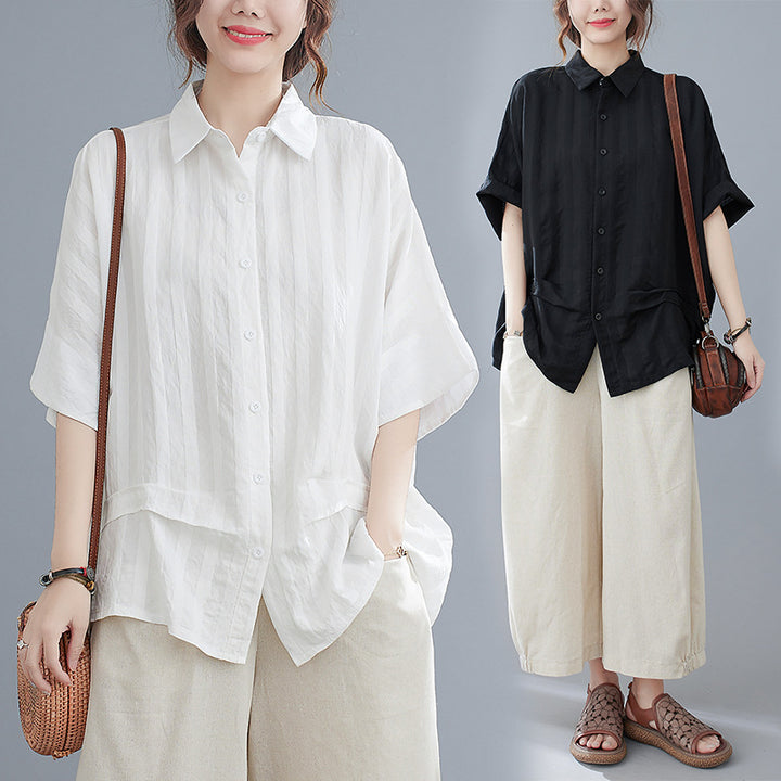 Casual Black PeterPan Collar Button Bat wing Sleeve Fall Shirt Top