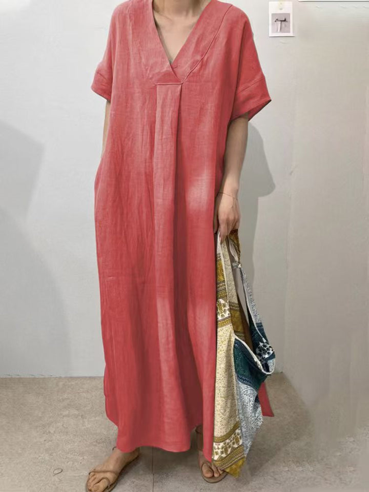 Plus Size Grey Peter Pan Collar Pockets Linen Long Dresses Short Sleeve