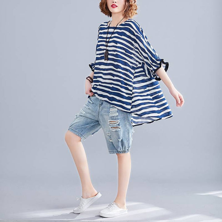 Boutique Chocolate Striped Asymmetrical Patchwork Cotton Top Short Sleeve