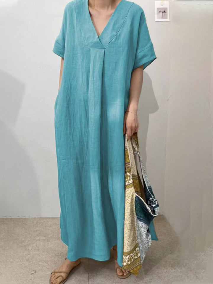 Plus Size Grey Peter Pan Collar Pockets Linen Long Dresses Short Sleeve