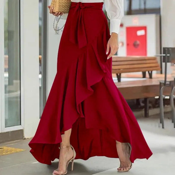 Solid Color High Waist Ruffle High Low Hem Swing Maxi Skirts For Women