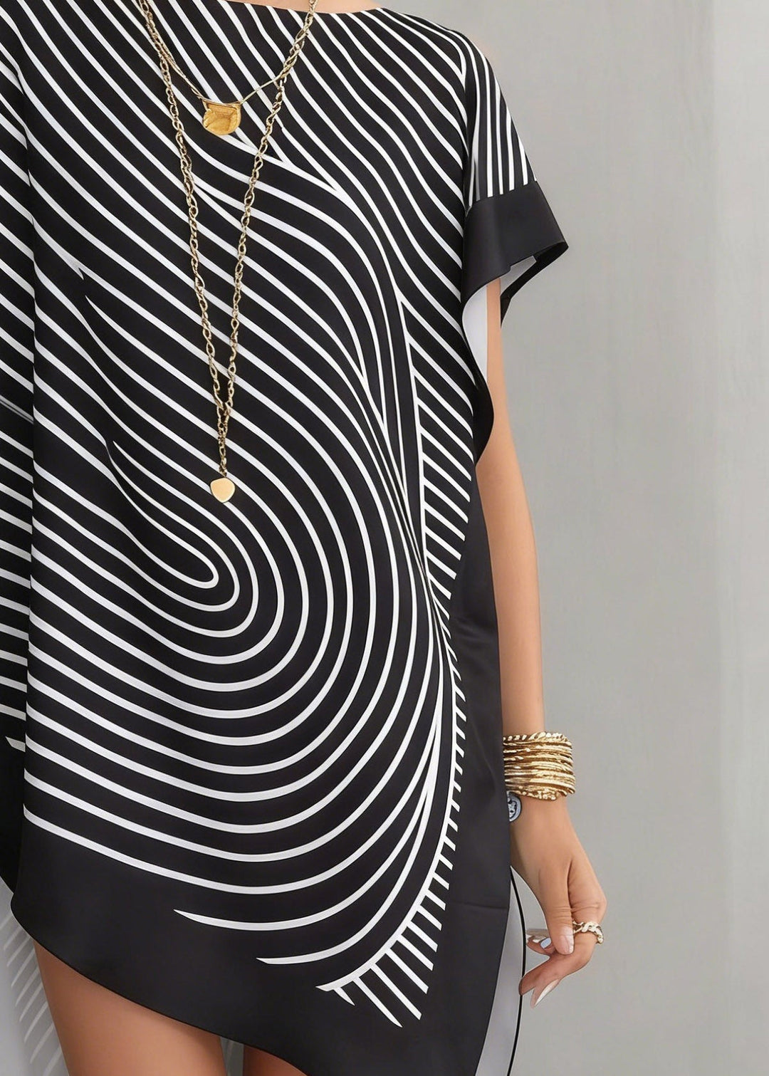Organic Black Asymmetrical Striped Side Open Tops Summer