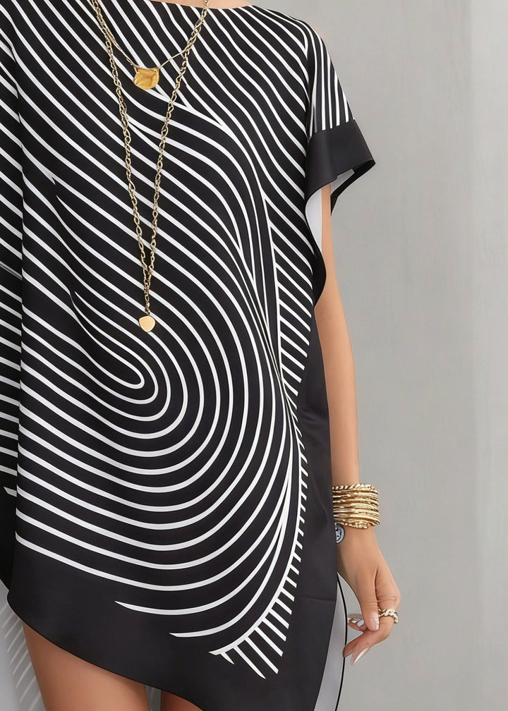 Organic Black Asymmetrical Striped Side Open Tops Summer