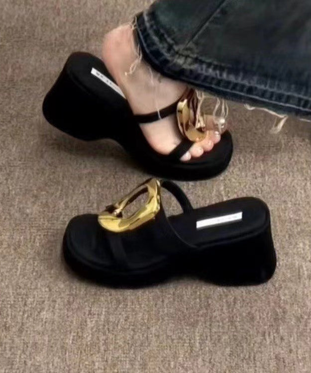 Original Design Black Sequined Splicing Wedge Heels Slide Sandals - Omychic
