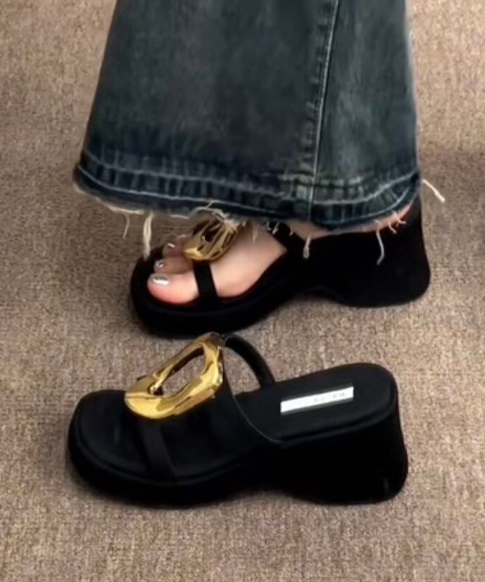 Original Design Black Sequined Splicing Wedge Heels Slide Sandals - Omychic