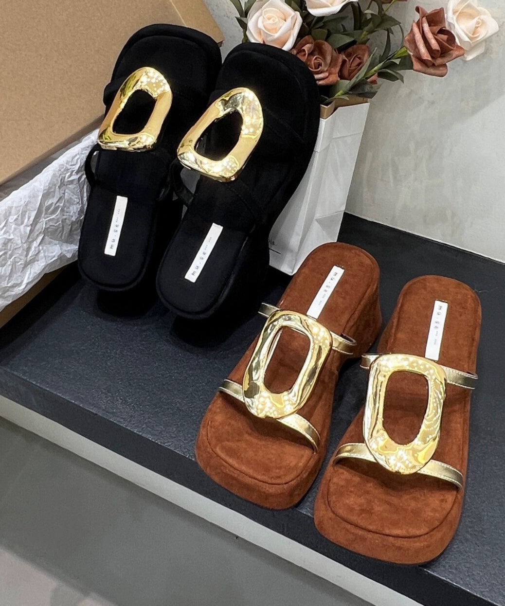 Original Design Black Sequined Splicing Wedge Heels Slide Sandals - Omychic