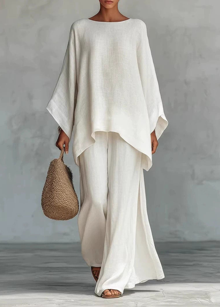 Plus Size White O Neck Asymmetrical Design Cotton Two Pieces Set Summer - Omychic