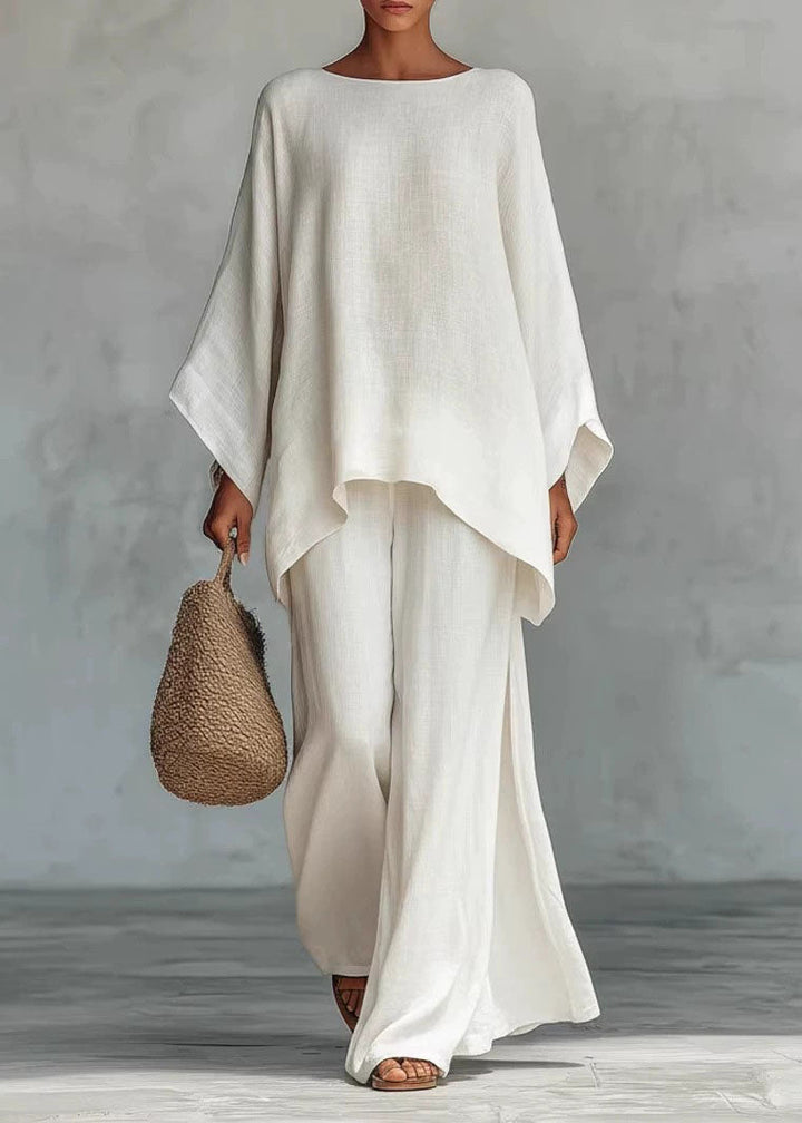 Plus Size White O Neck Asymmetrical Design Cotton Two Pieces Set Summer - Omychic