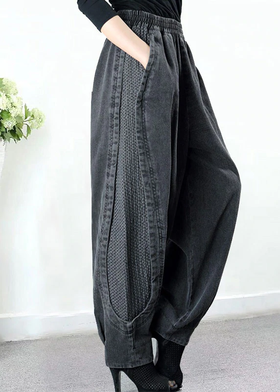 Plus Size Grey Pockets Patchwork Harem Fall Denim Pants - Omychic