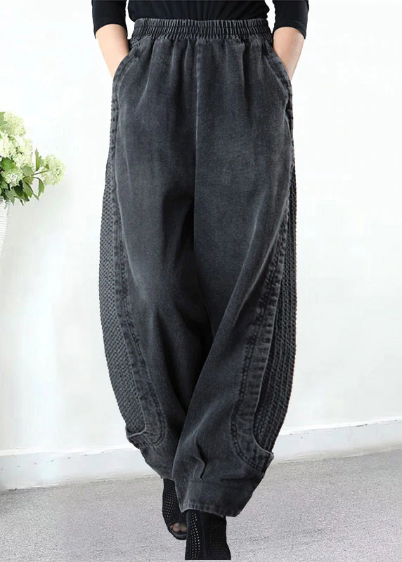 Plus Size Grey Pockets Patchwork Harem Fall Denim Pants - Omychic