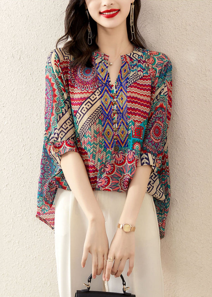 Rose Print Patchwork Chiffon Loose T Shirt Tops V Neck Summer - Omychic