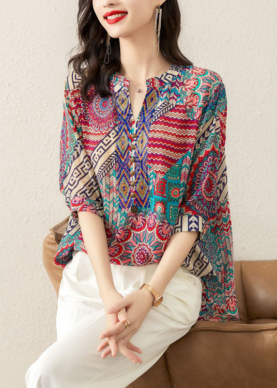 Rose Print Patchwork Chiffon Loose T Shirt Tops V Neck Summer - Omychic