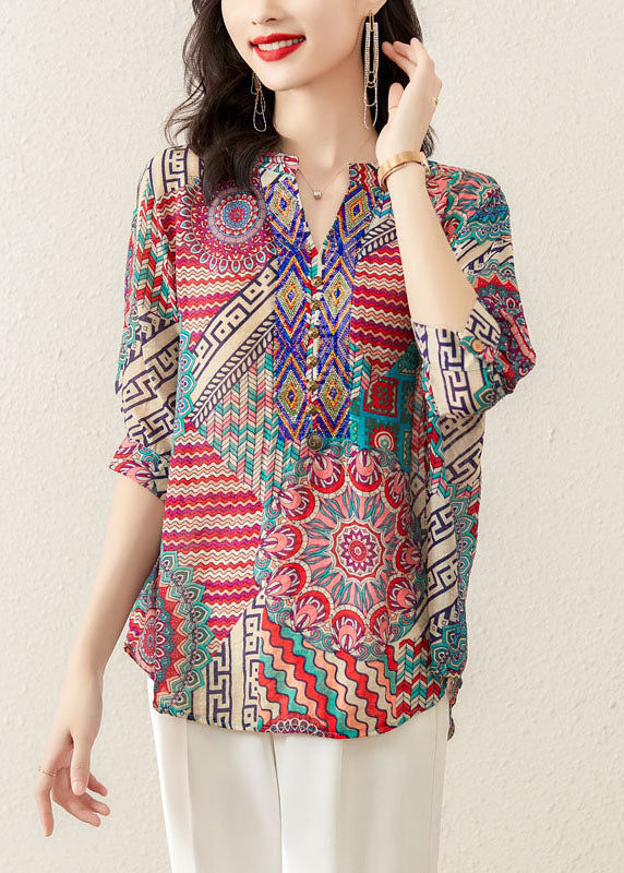Rose Print Patchwork Chiffon Loose T Shirt Tops V Neck Summer - Omychic